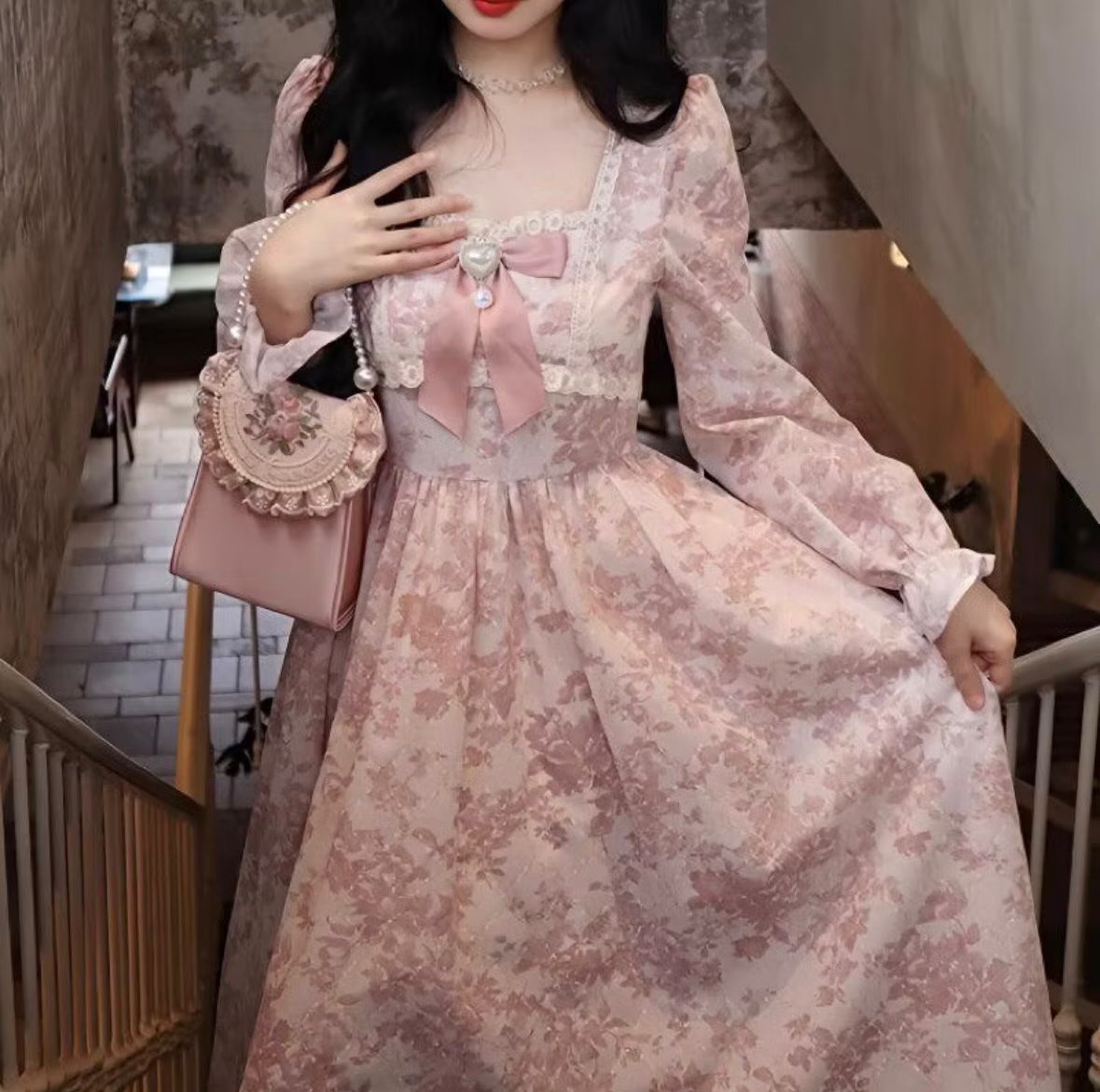 Vintage Floral Dress Soft Pink